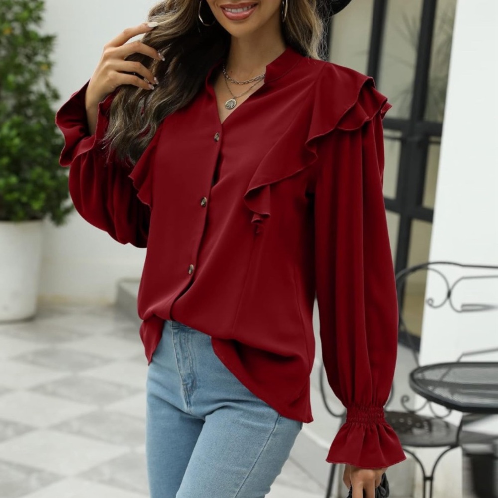 Red V-Neck Button Down Shirt